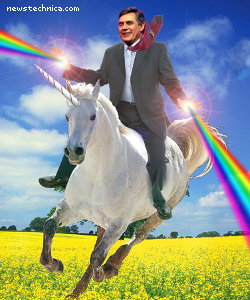 Gordon Brown riding a magical unicorn to victory